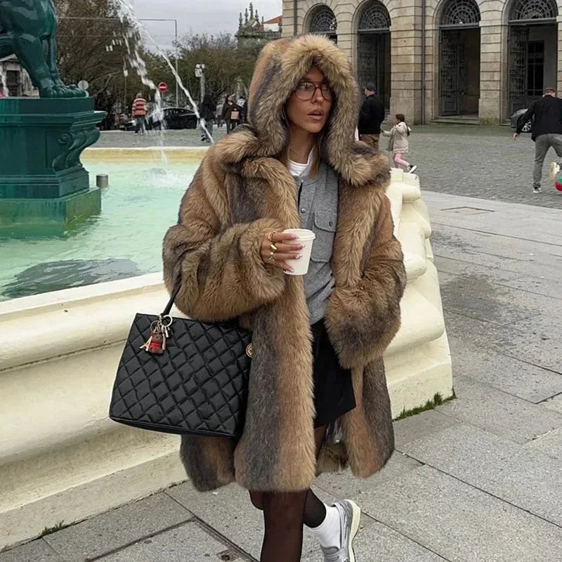 Long brown women's coat with lined hood
