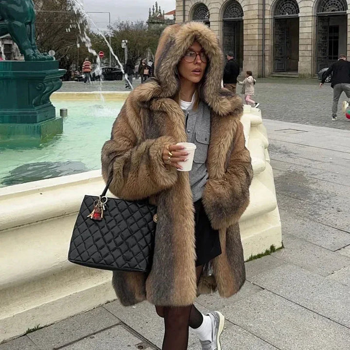 Long brown women's coat with lined hood
