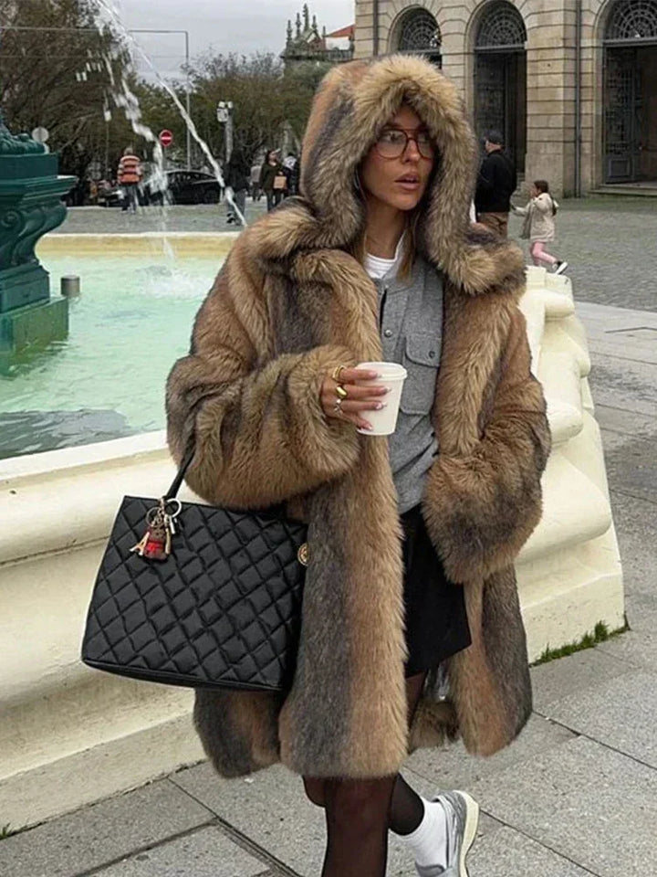 Long brown women's coat with lined hood