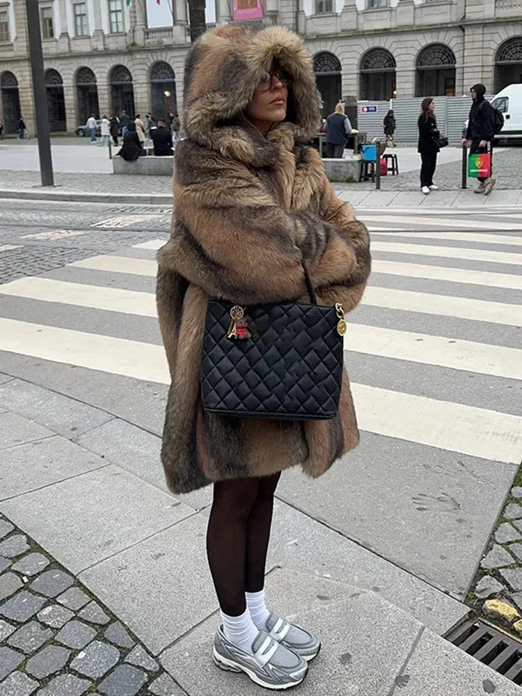 Long brown women's coat with lined hood