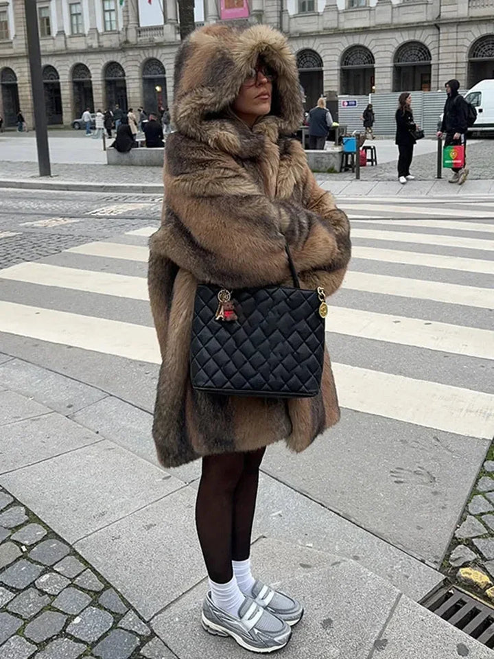 Long brown women's coat with lined hood