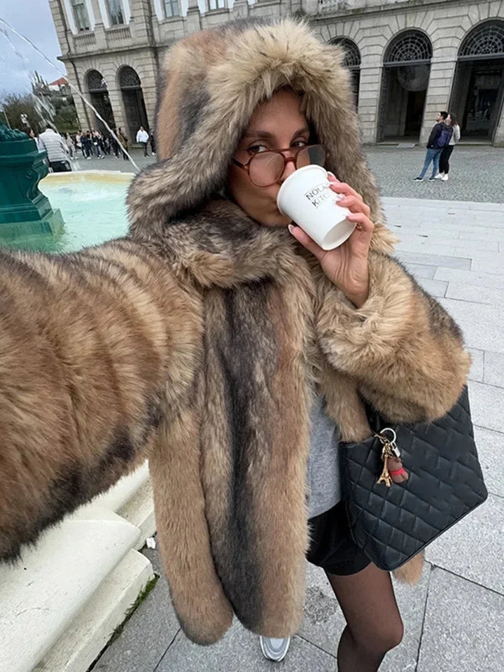 Long brown women's coat with lined hood