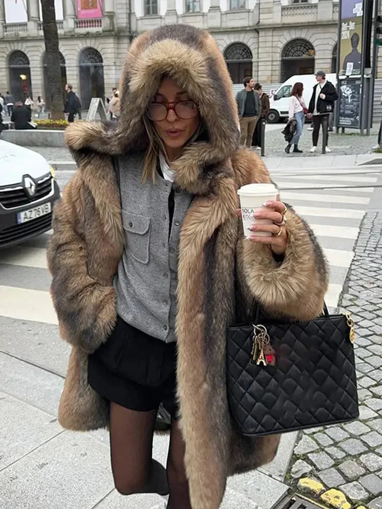 Long brown women's coat with lined hood