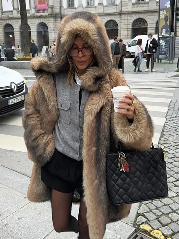 Long brown women's coat with lined hood