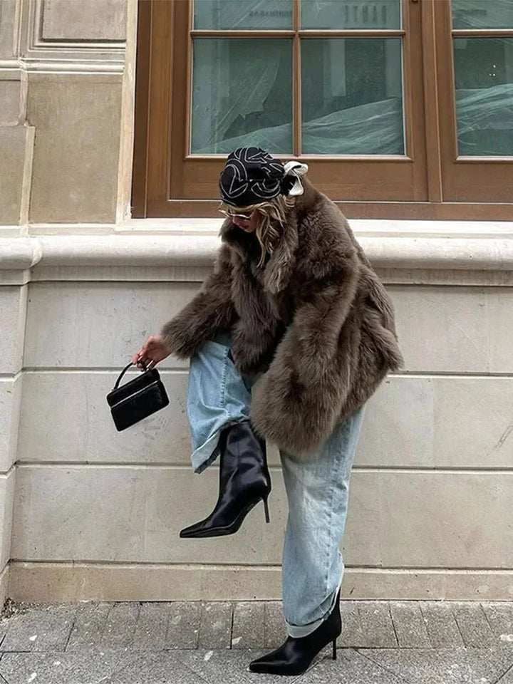 Brown Faux Fur Coat for Women with Long Sleeves