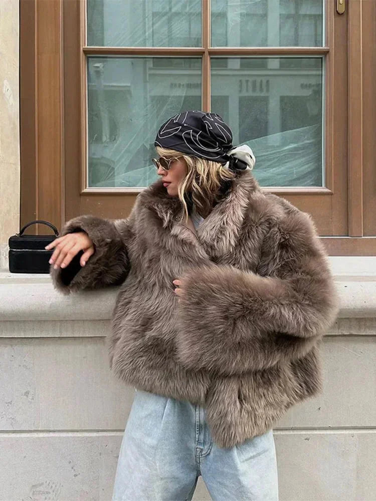 Brown Faux Fur Coat for Women with Long Sleeves