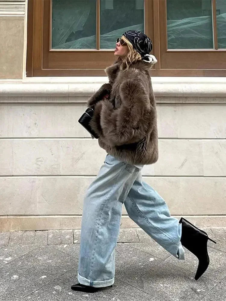 Brown Faux Fur Coat for Women with Long Sleeves