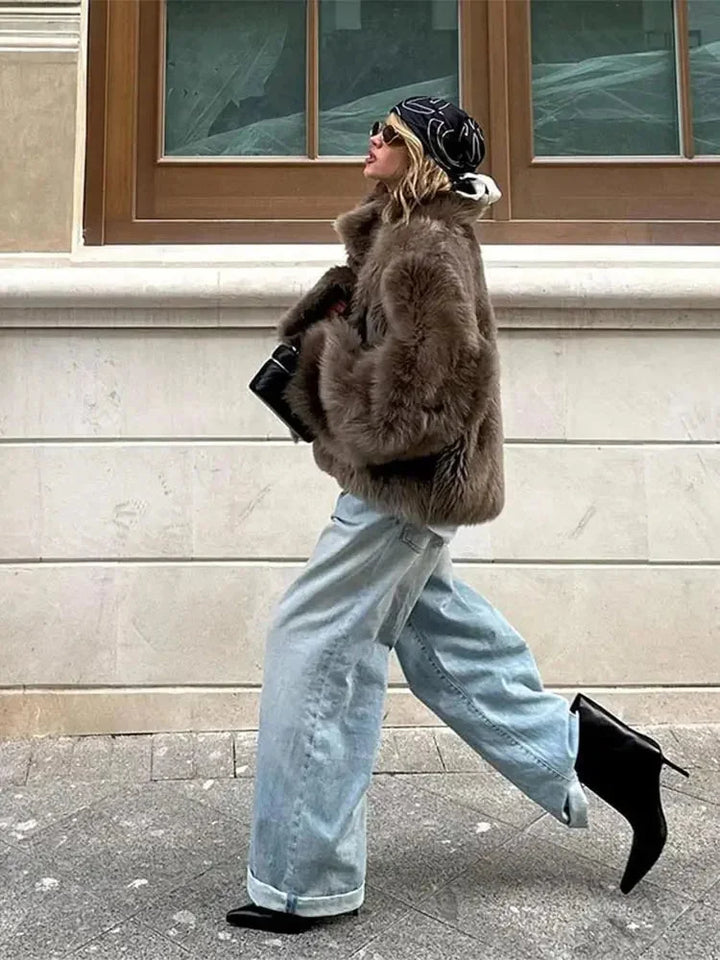 Brown Faux Fur Coat for Women with Long Sleeves