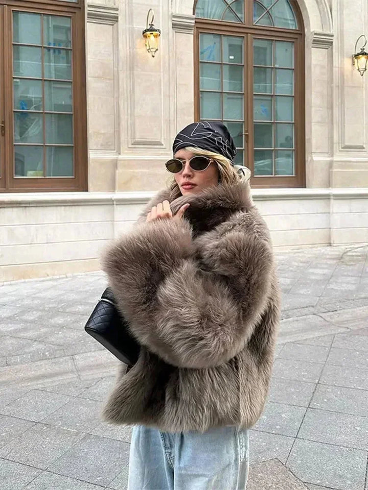 Brown Faux Fur Coat for Women with Long Sleeves