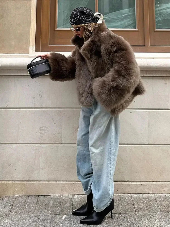 Brown Faux Fur Coat for Women with Long Sleeves