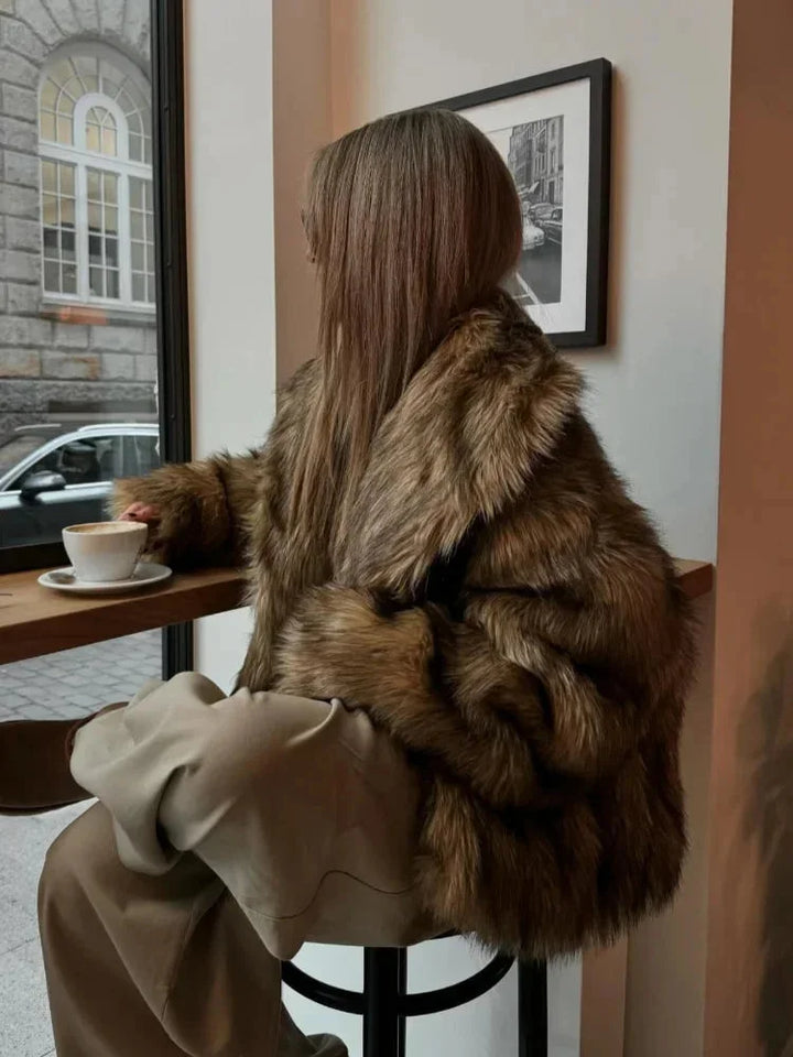Brown faux fur coat for women with long sleeves
