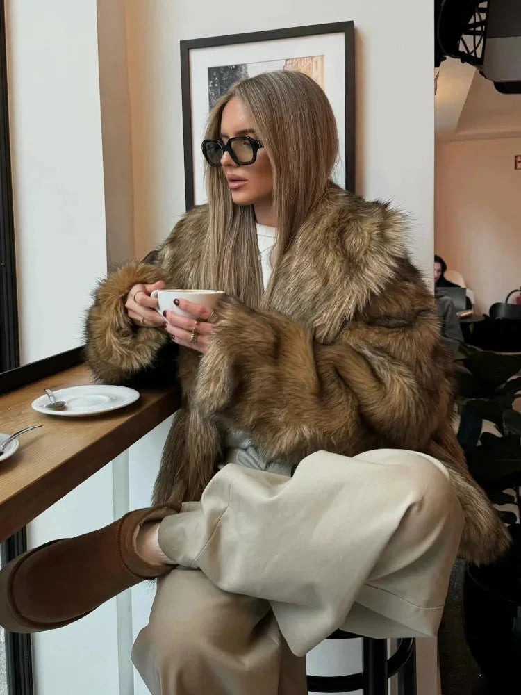 Brown faux fur coat for women with long sleeves