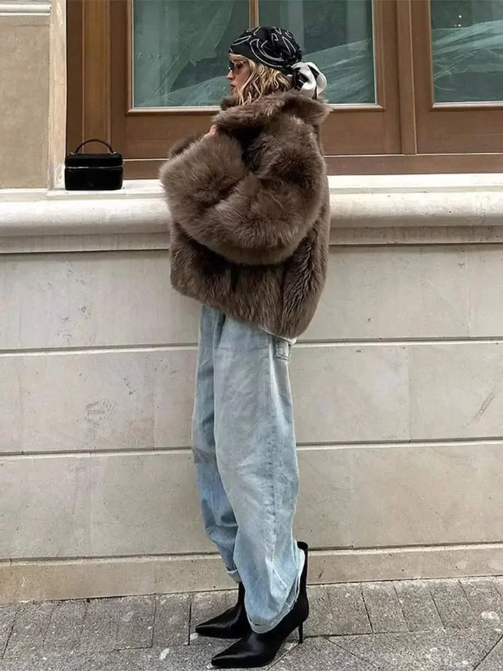 Brown Faux Fur Coat for Women with Long Sleeves
