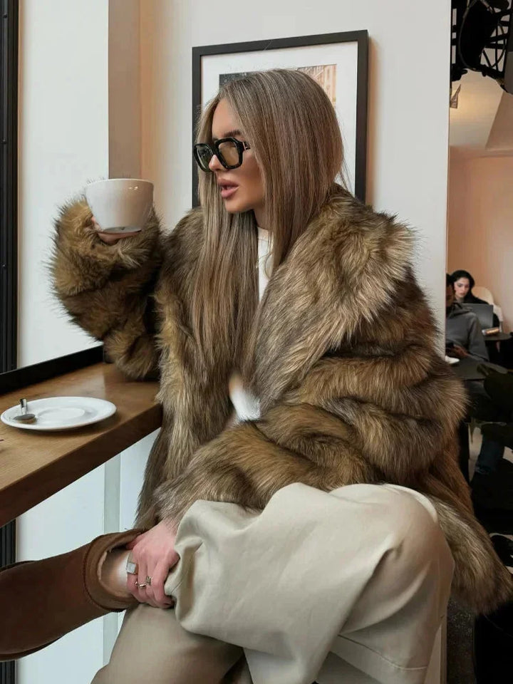 Brown faux fur coat for women with long sleeves