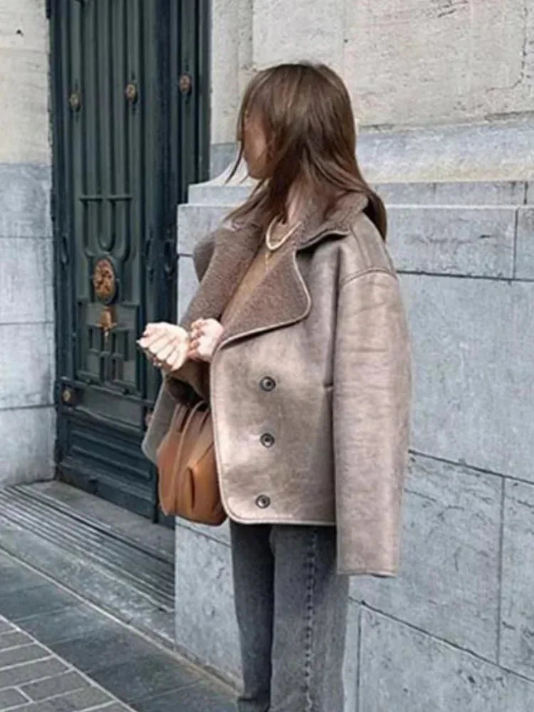 Taupe Coat for Women with Teddy Collar and Buttons