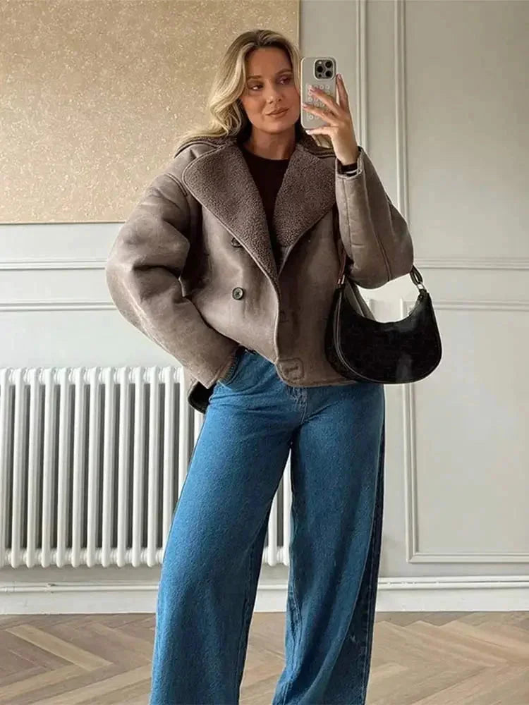 Taupe Coat for Women with Teddy Collar and Buttons