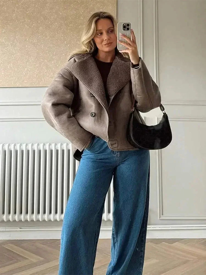 Taupe Coat for Women with Teddy Collar and Buttons