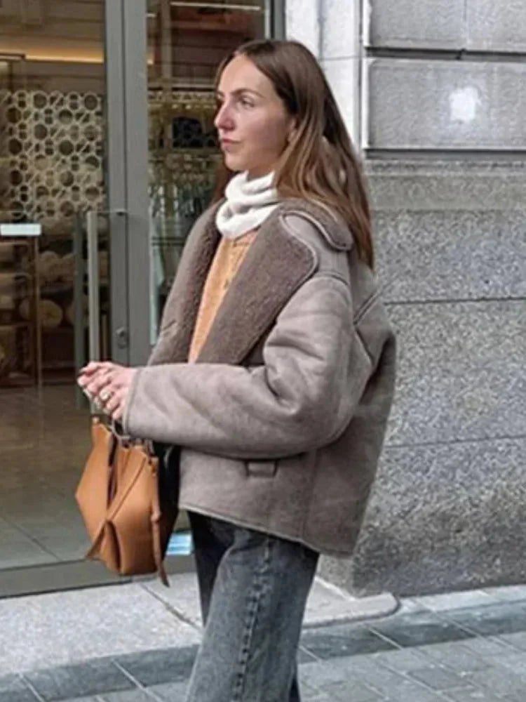 Taupe Coat for Women with Teddy Collar and Buttons