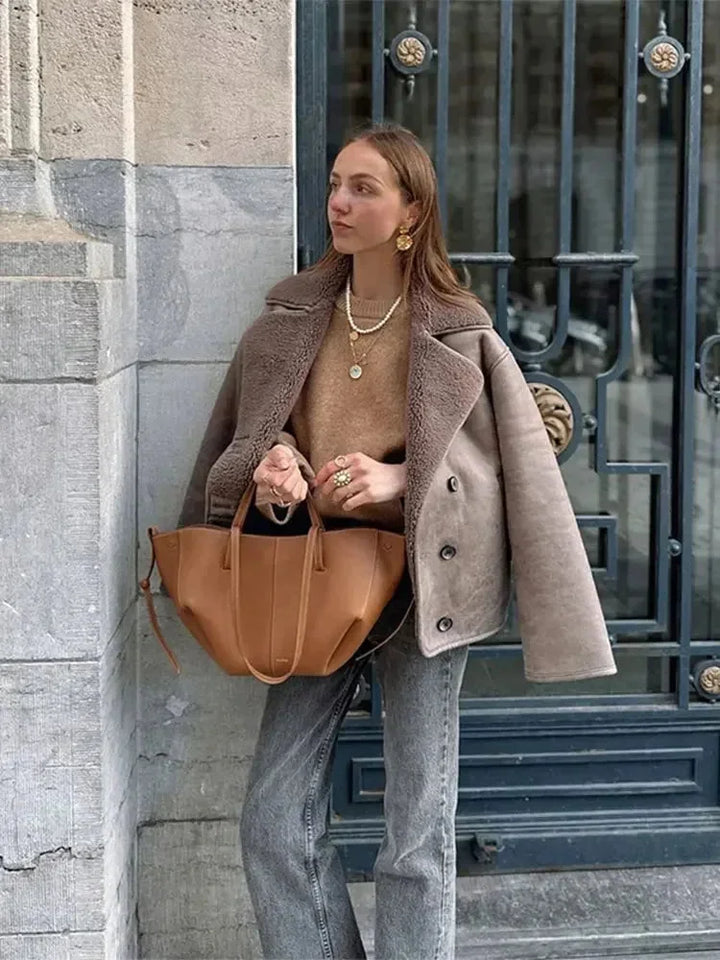 Taupe Coat for Women with Teddy Collar and Buttons