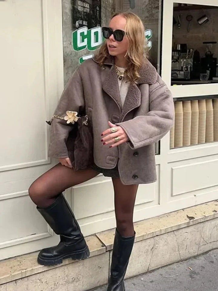 Taupe Coat for Women with Teddy Collar and Buttons