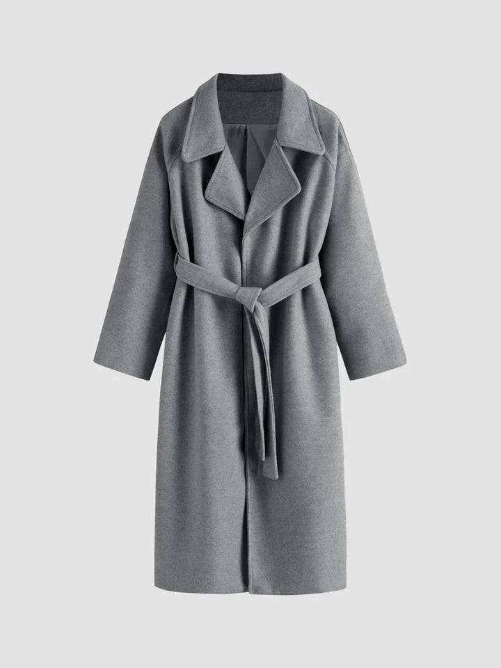 Long women's coat with belt and chic collar