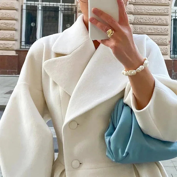 Long White Coat for Women with a Wide Collar