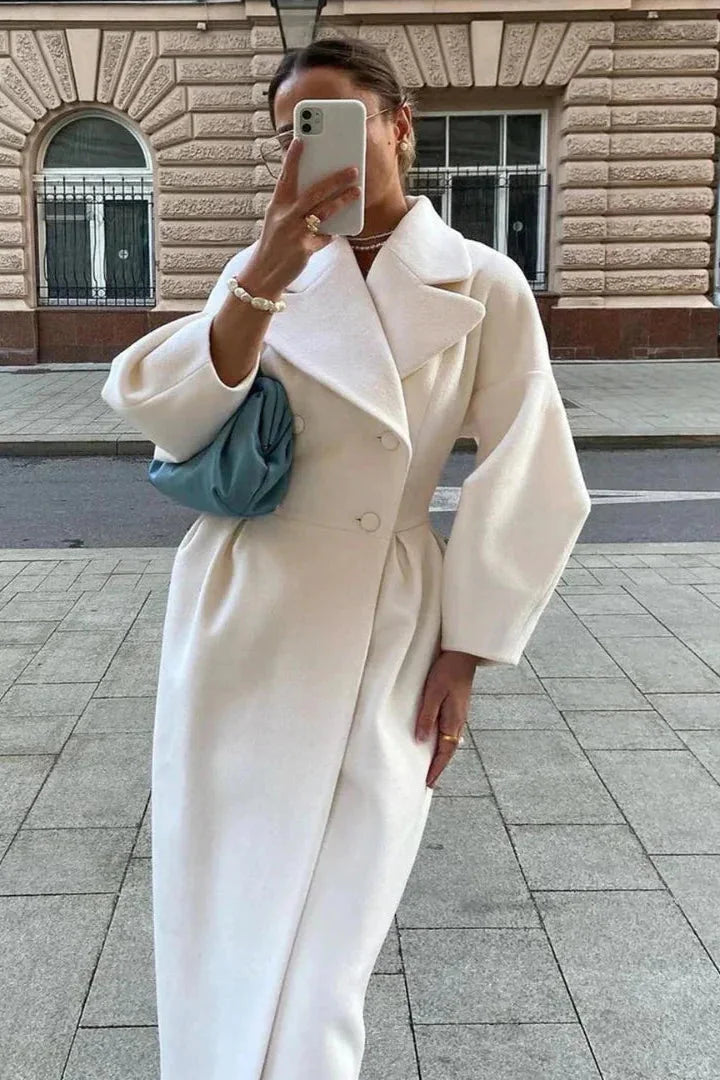 Long White Coat for Women with a Wide Collar