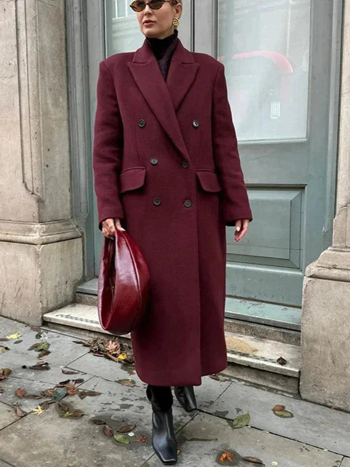 Long burgundy double-breasted coat for women with a notched collar