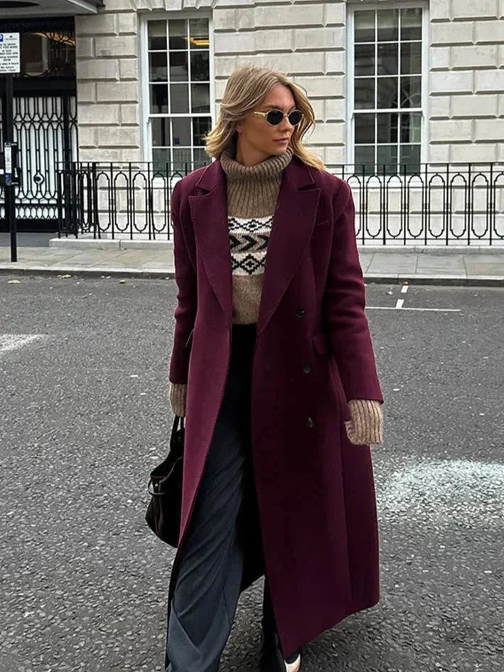 Long burgundy double-breasted coat for women with a notched collar
