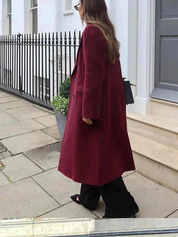 Long burgundy double-breasted coat for women with a notched collar