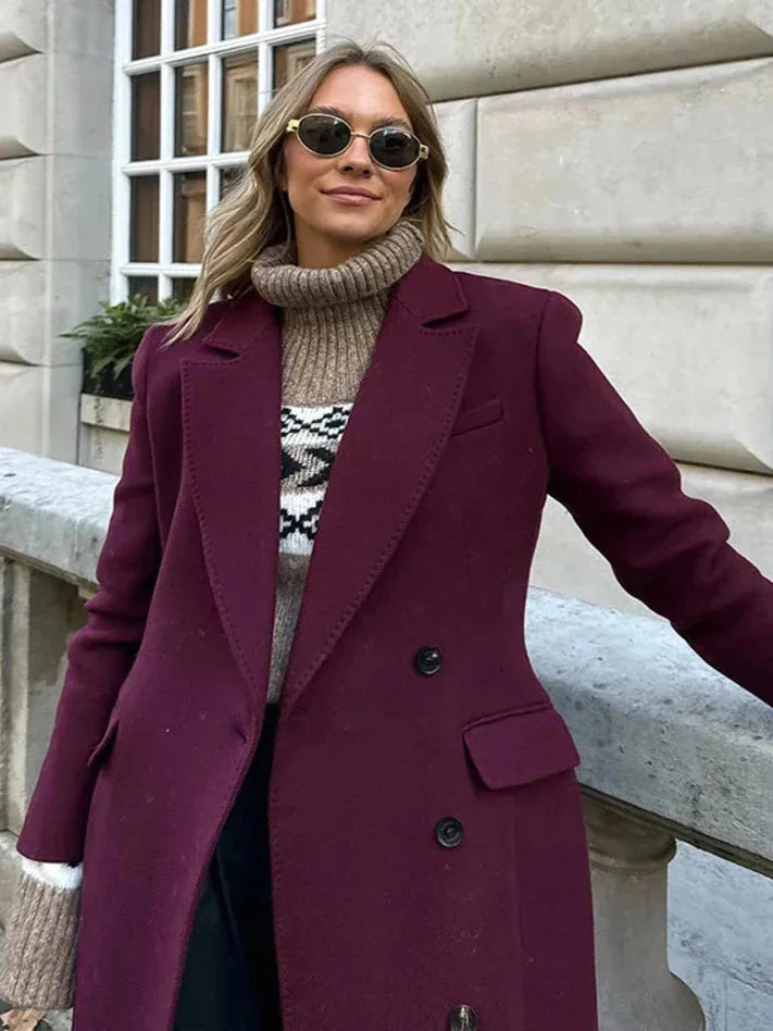 Long burgundy double-breasted coat for women with a notched collar