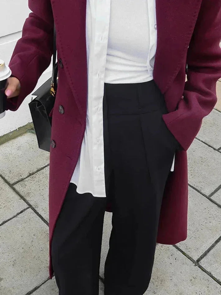 Long burgundy double-breasted coat for women with a notched collar