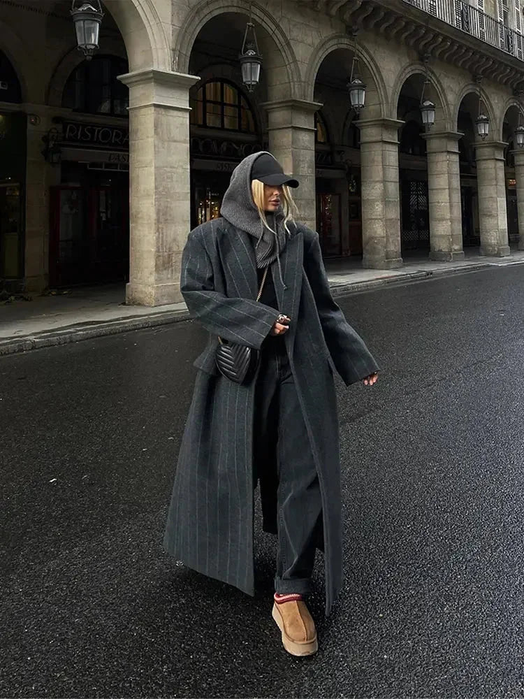 Elegant Long Women's Coat with Modern Stripes