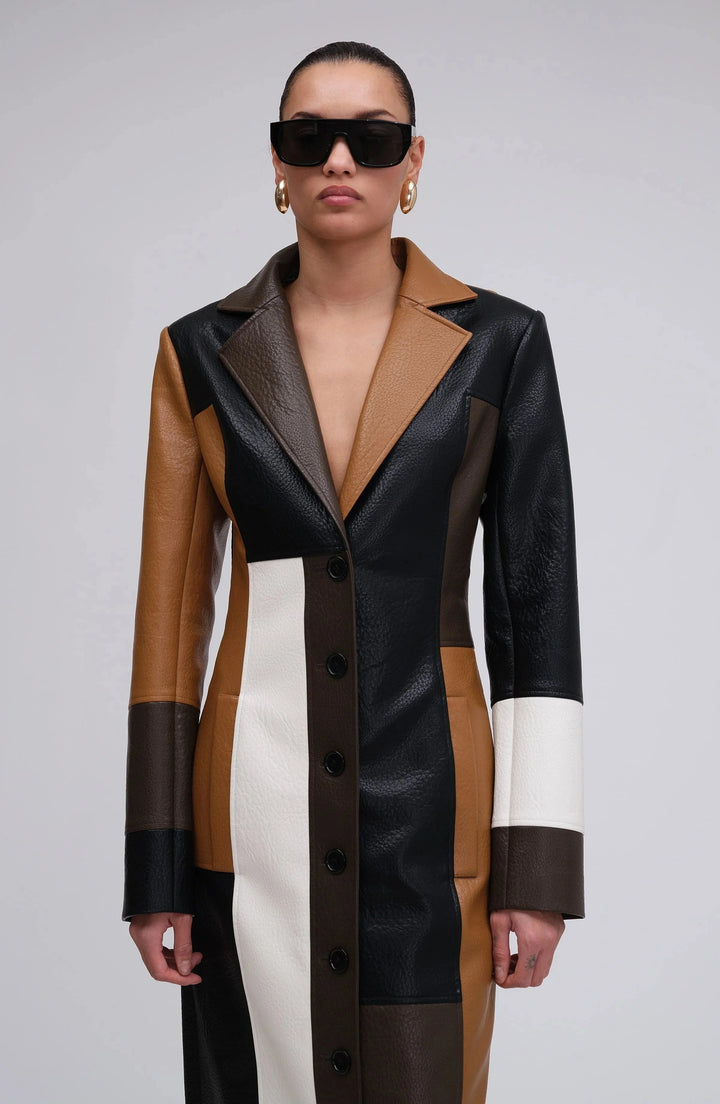 Long multicolored patchwork coat for women with buttons