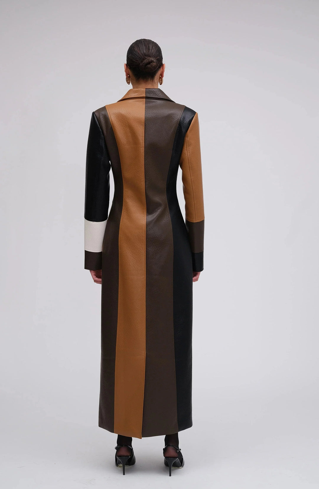 Long multicolored patchwork coat for women with buttons
