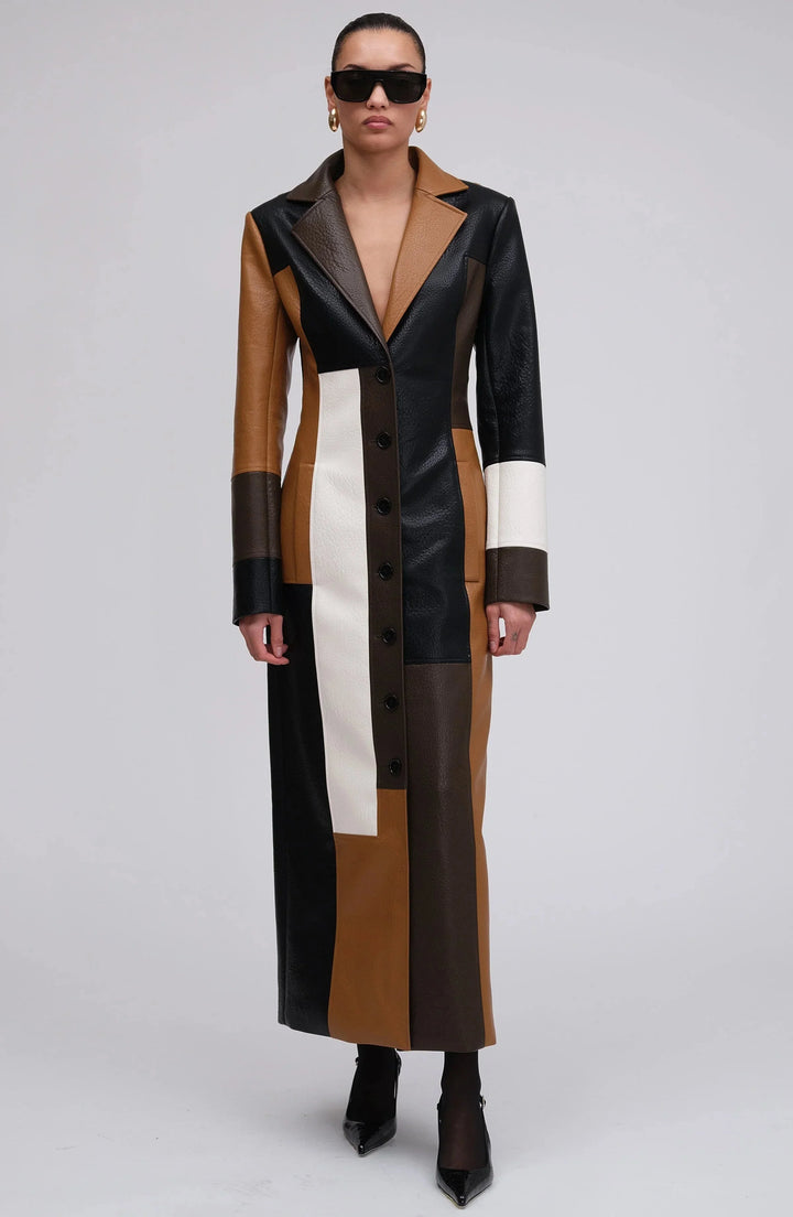 Long multicolored patchwork coat for women with buttons