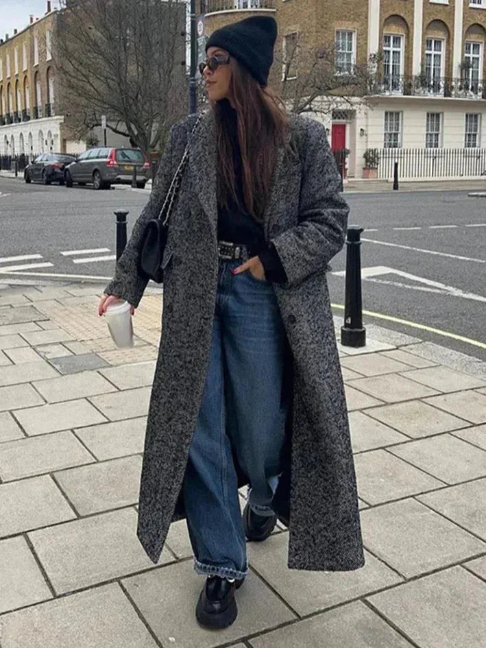 Long Gray Coat for Women with Trendy Long Sleeves