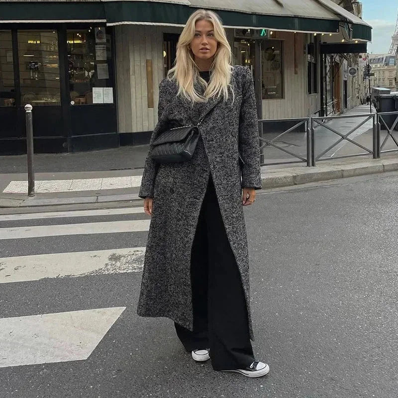 Long Gray Coat for Women with Trendy Long Sleeves