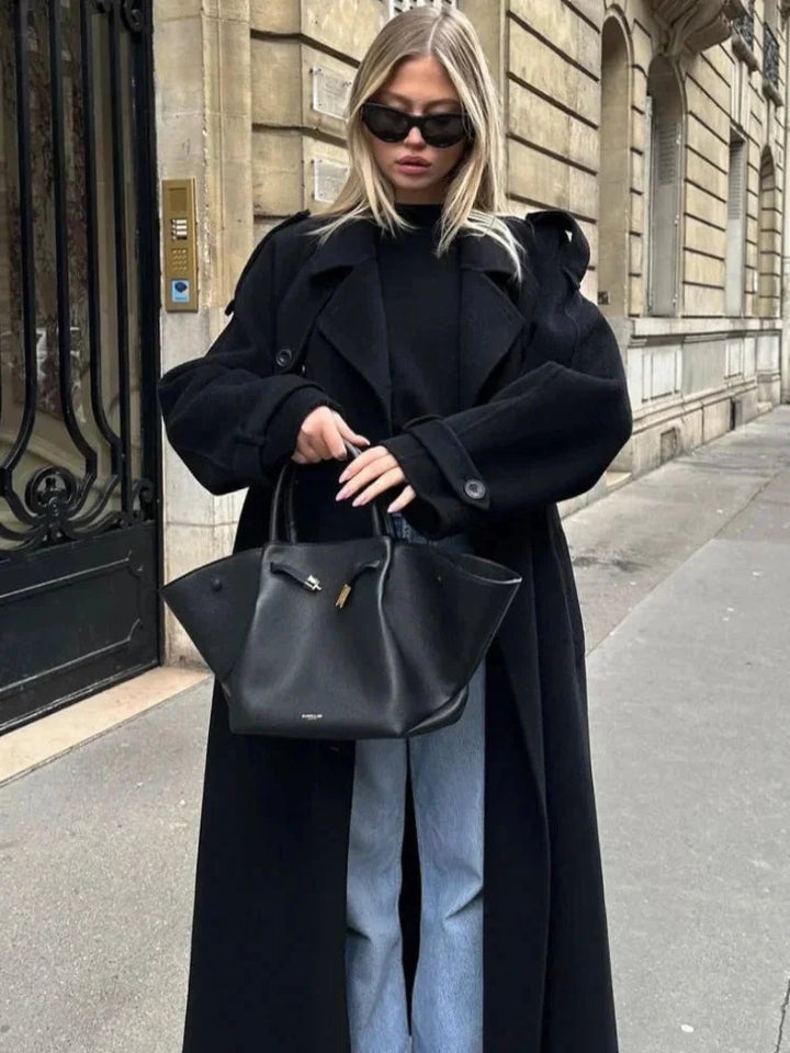 Long black coat for women with belt and wide lapels