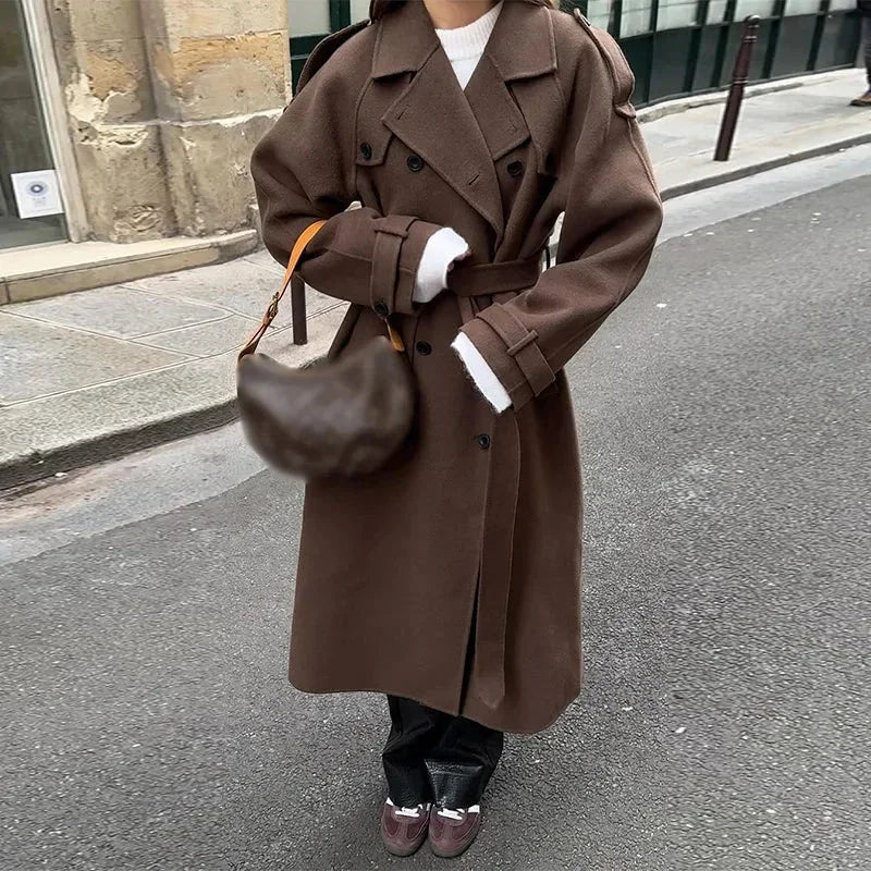 Women's mid-length coat with belt and buttons