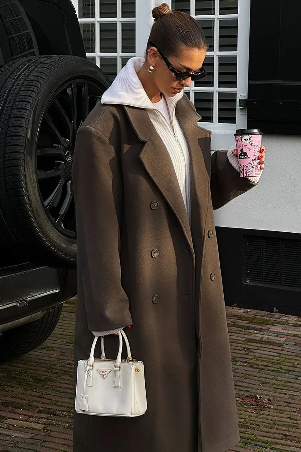 Oversized Brown Coat for Women with Double-Breasted Fastening
