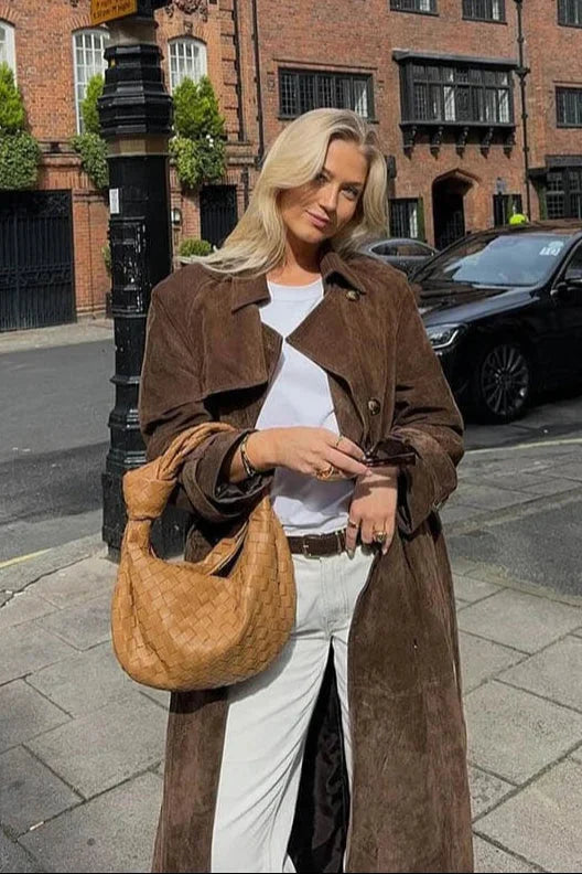 Brown trench coat for women with belt and lapels