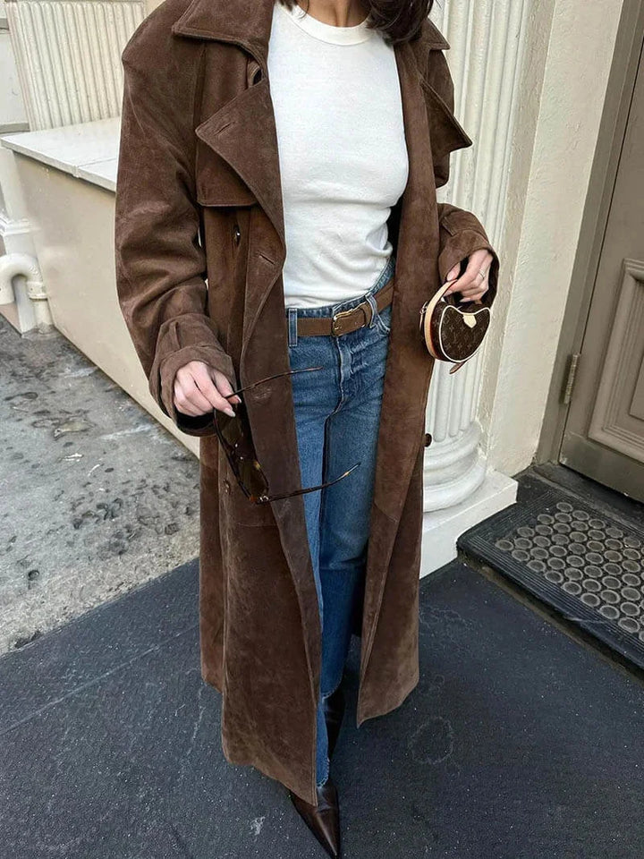 Brown trench coat for women with belt and lapels