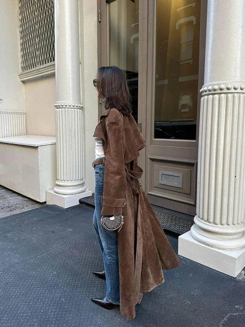 Brown trench coat for women with belt and lapels