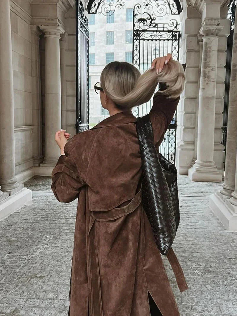 Brown trench coat for women with belt and lapels