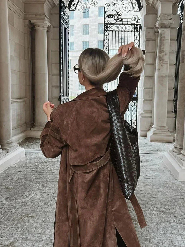 Brown trench coat for women with belt and lapels