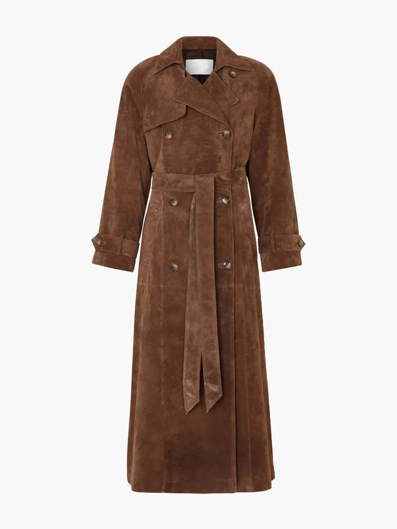 Brown trench coat for women with belt and lapels