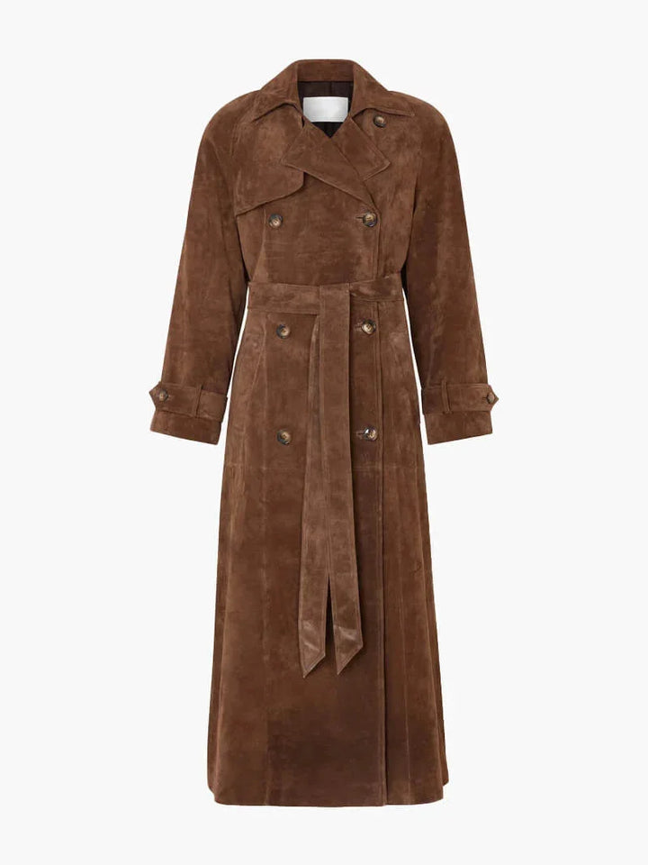 Brown trench coat for women with belt and lapels