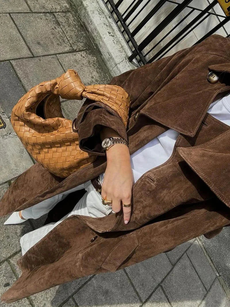 Brown trench coat for women with belt and lapels