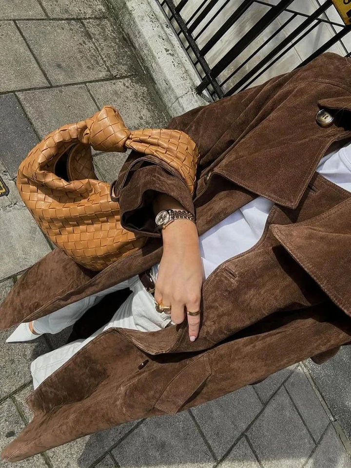Brown trench coat for women with belt and lapels